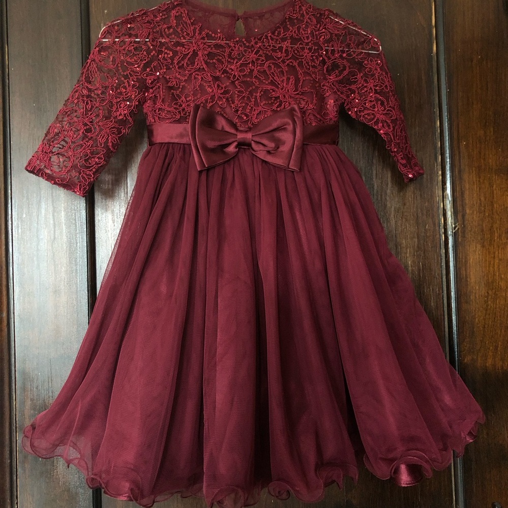Bonnie Jean Lace Top Party Dress size 5 burgundy curl hem